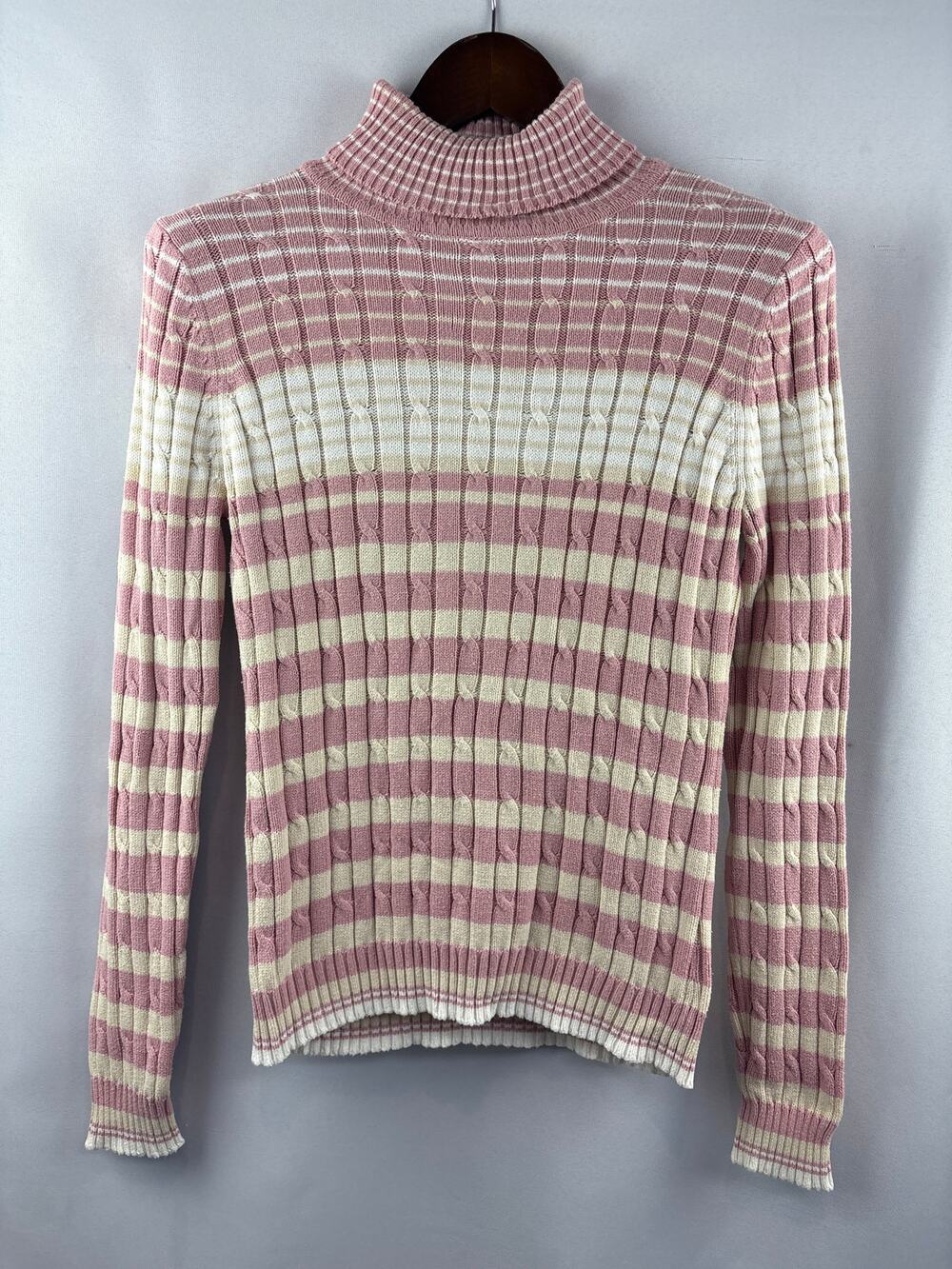 Women’s Liz&Co Medium Pink & Beige Stripe Turtleneck Sweater